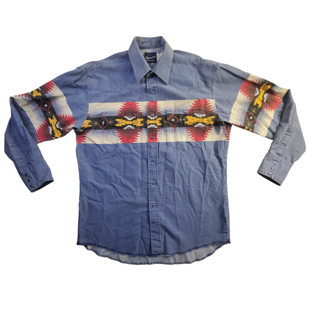 Vintage Wrangler Shirt Mens Large Blue Aztec Western Pearl Snap Rodeo Cowboy 90s